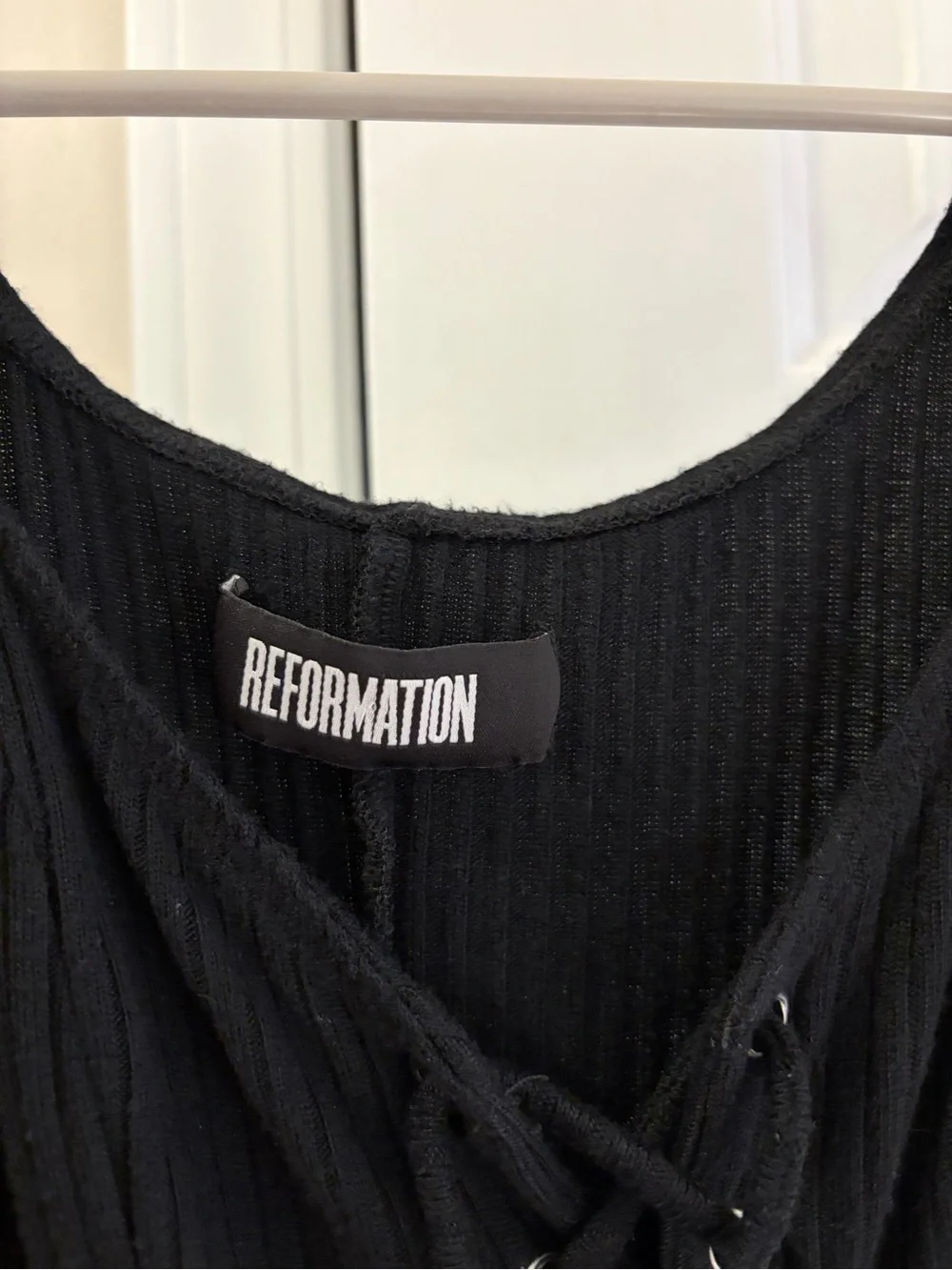 Reformation Sundance Black Ribbed Lace-Up Puff Sleeve Blouse Small